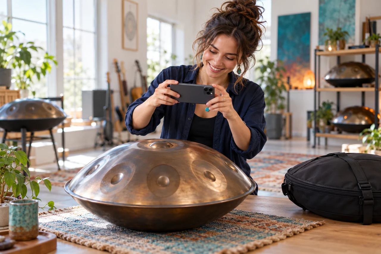 A handpan player exploring instruments and accessories